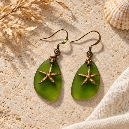 Green Sea Glass & Brass Starfish Earrings