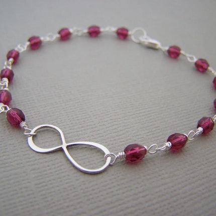 Fuchsia Czech Glass Sterling Silver Infinity Wire Wrapped Bracelet