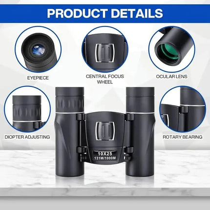 High Powered Mini Pocket Binoculars 10x25 with Phone Adapter – Compact, Lightweight, Portable – Black