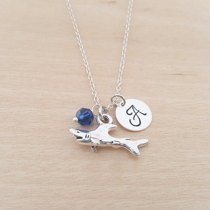 Shark Necklace – Sterling Silver with Birthstone & Initial Charm