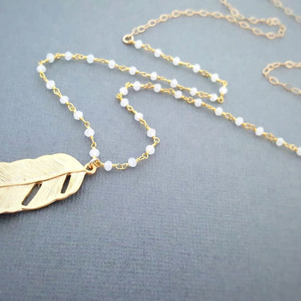 As Seen on Fuller House – Gold Feather & Moonstone Necklace, 24 Inch