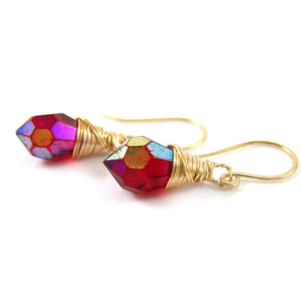 Red Czech Glass Crystal Gold Filled Wire Wrapped Dainty Drop Earrings