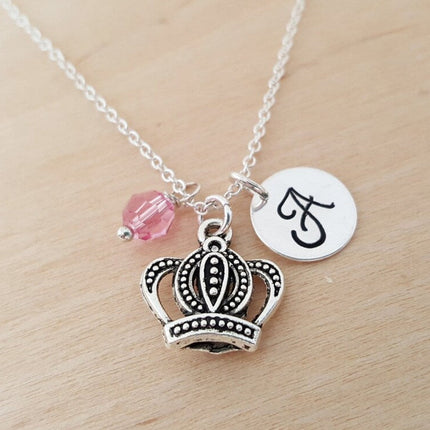 Crown Necklace – Sterling Silver with Birthstone & Initial Charm