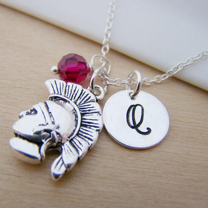 Personalized Spartan Necklace – Plated Spartan Charm with Sterling Silver Chain, Birthstone & Initial