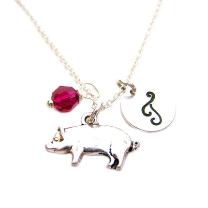 Pig Necklace – Sterling Silver with Birthstone & Initial Charm