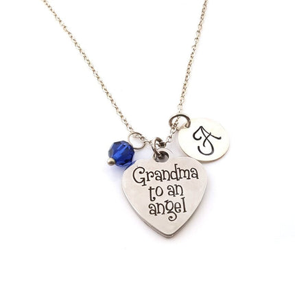 Grandma to an Angel Necklace – Sterling Silver Chain with Birthstone & Initial