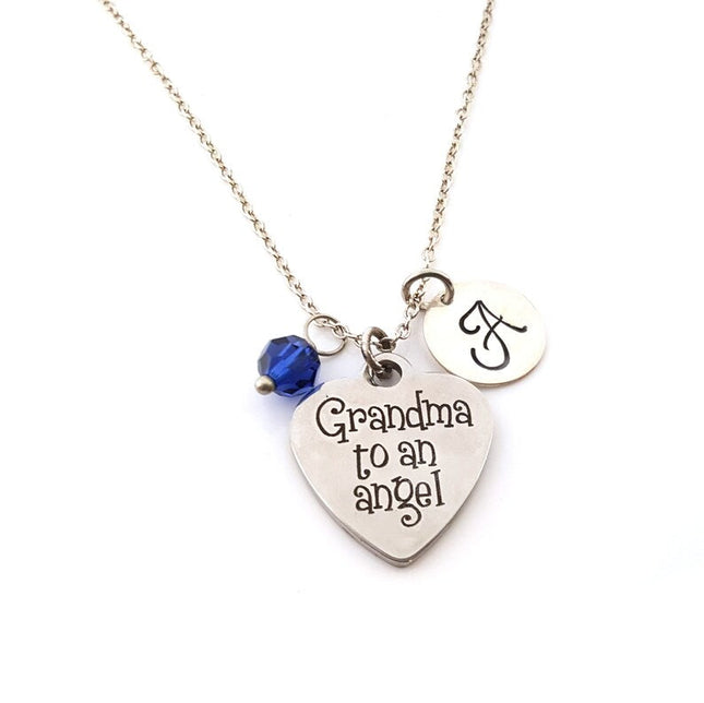 Grandma to an Angel Necklace – Sterling Silver Chain with Birthstone & Initial
