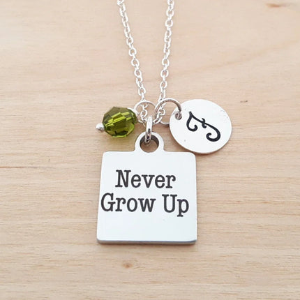 Never Grow Up Necklace – Sterling Silver with Birthstone & Initial Charm