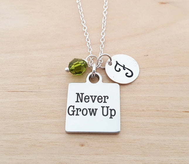 Never Grow Up Necklace – Sterling Silver with Birthstone & Initial Charm