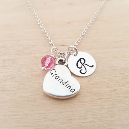 Grandma Necklace – Sterling Silver with Birthstone & Initial Charm
