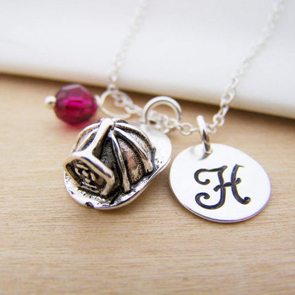 Fire Helmet Charm Necklace – Personalized Sterling Silver Jewelry with Initial & Birthstone or Pearl