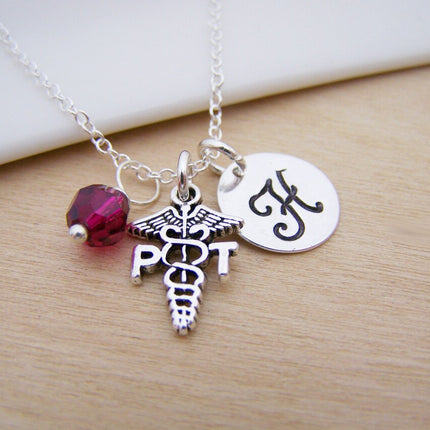 Physical Therapist Necklace – Sterling Silver with Birthstone & Initial Charm