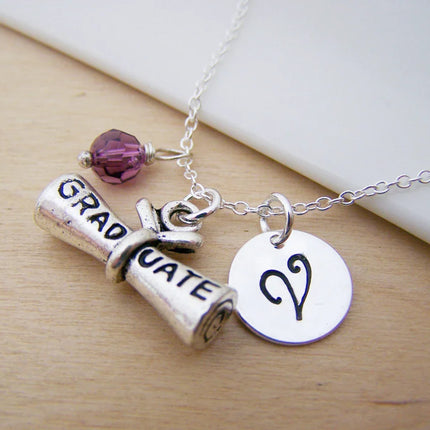 Graduation Diploma Necklace – Sterling Silver with Birthstone & Initial Charm
