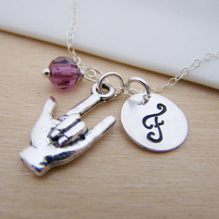 Personalized Sign Language “I Love You” Necklace – Sterling Silver Chain with Birthstone & Initial