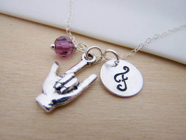 Personalized Sign Language “I Love You” Necklace – Sterling Silver Chain with Birthstone & Initial