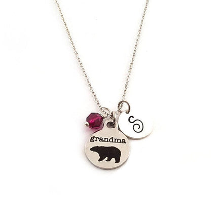 Grandma Bear Necklace – Sterling Silver with Birthstone & Initial Charm