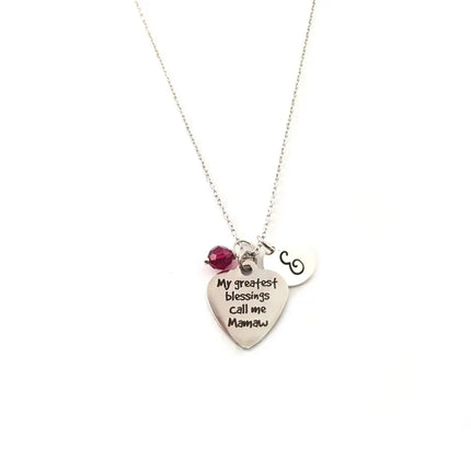 Call Me Mamaw Necklace – Sterling Silver with Birthstone & Initial Charm
