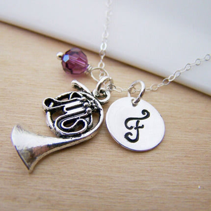 French Horn Necklace – Sterling Silver with Birthstone & Initial Charm