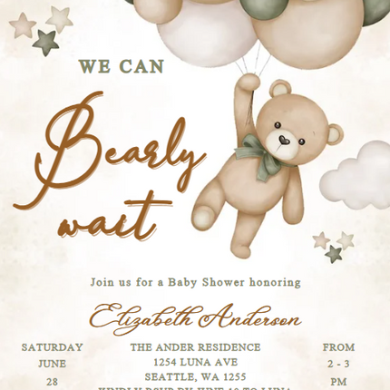 We Can Bearly Wait Baby Shower Invitation – Editable Canva Template