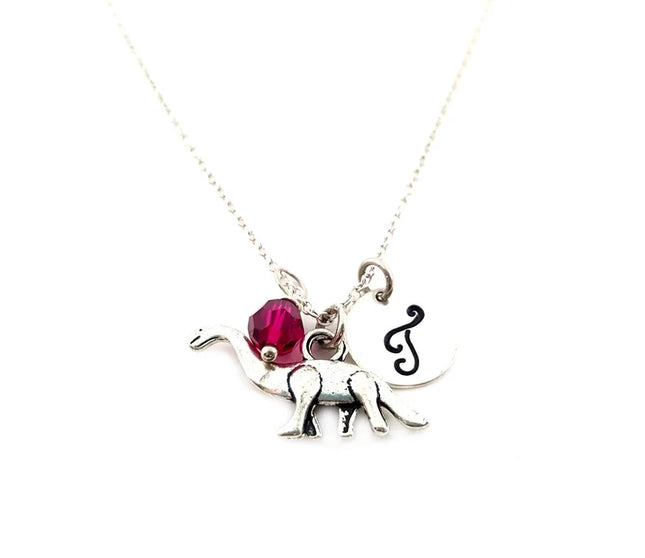 Personalized Brontosaurus Necklace – Sterling Silver Chain with Birthstone & Initial