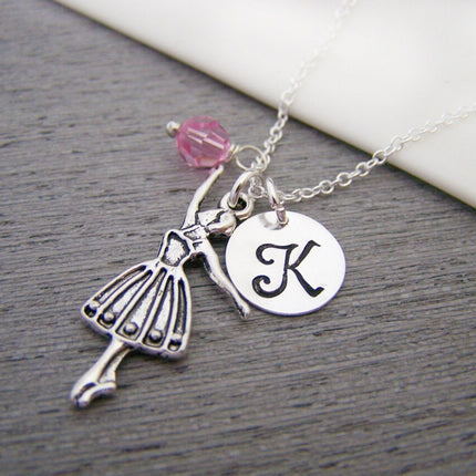 Personalized Ballerina Necklace – Sterling Silver Chain with Birthstone & Initial