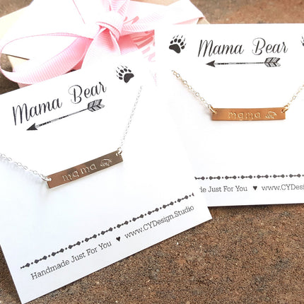 Mama Bear Hand Stamped Bar Necklace