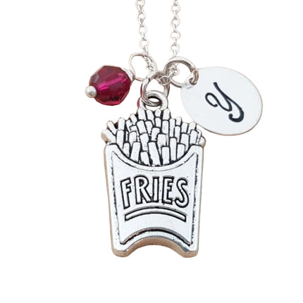 French Fries Necklace – Sterling Silver with Birthstone & Initial Charm
