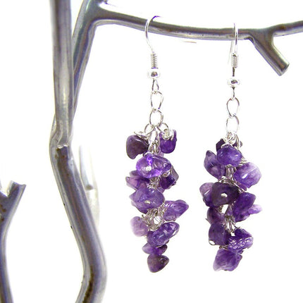 Amethyst Gemstone Wire Wrapped Cluster Sterling Silver Earrings