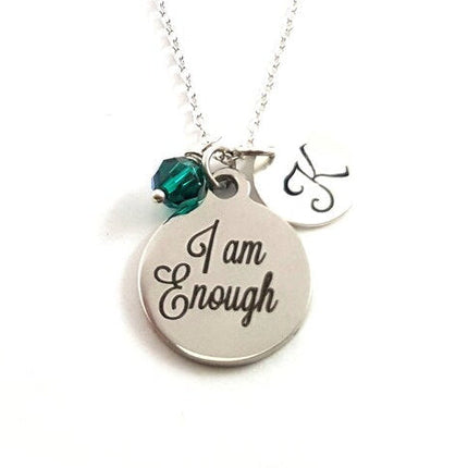 I Am Enough Necklace – Sterling Silver with Birthstone & Initial Charm