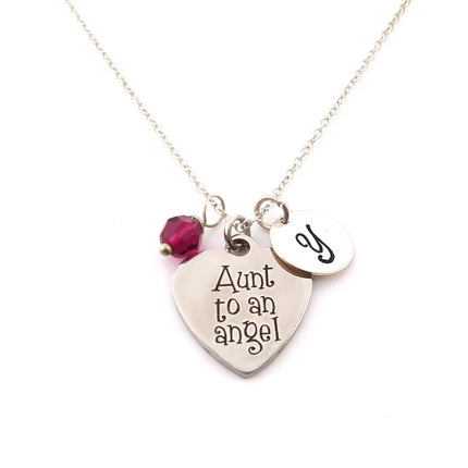 Aunt to an Angel Necklace – Sterling Silver Chain with Birthstone & Initial