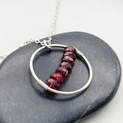 Garnet Bar Circle Necklace – Sterling Silver