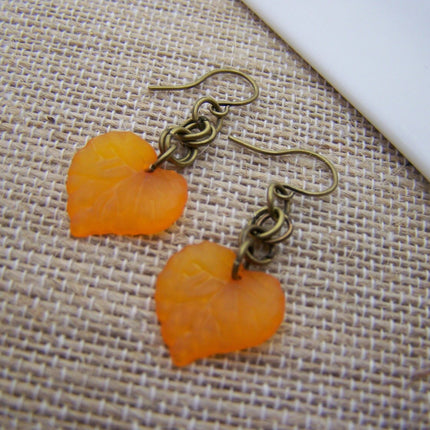 Orange Leaf Dangle Earrings – Acrylic Charms and Antiqued Brass, 1.5 Inch