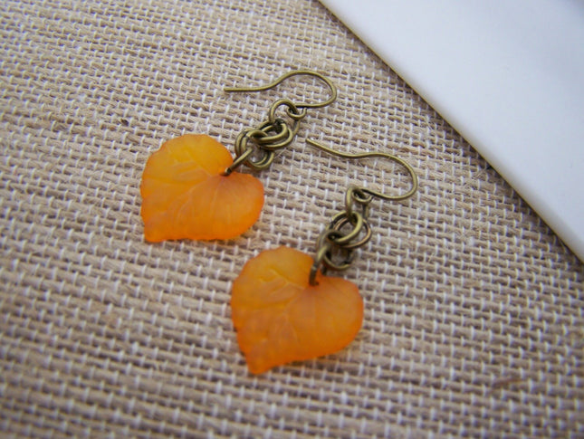 Orange Leaf Dangle Earrings – Acrylic Charms and Antiqued Brass, 1.5 Inch