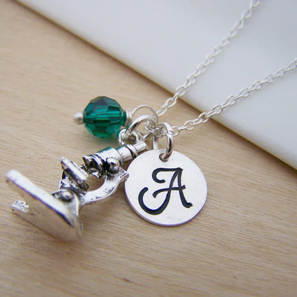 Personalized Microscope Necklace – Sterling Silver Chain with Birthstone & Initial