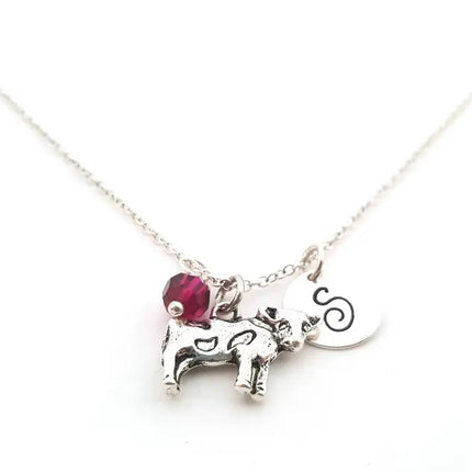 Personalized Cow Necklace – Sterling Silver Chain with Birthstone & Initial