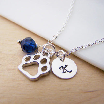 Paw Print Necklace – Sterling Silver with Birthstone & Initial Charm
