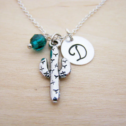Cactus Necklace – Sterling Silver with Birthstone & Initial Charm