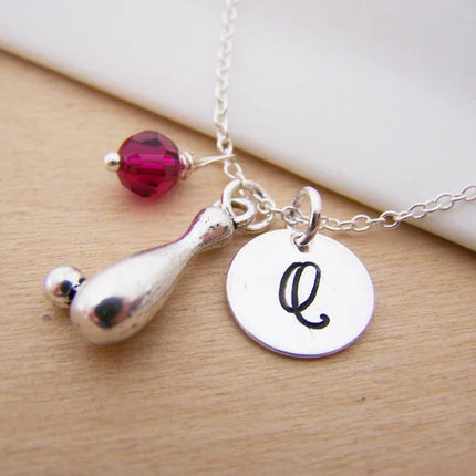 Personalized Bowling Necklace – Sterling Silver Chain with Birthstone & Initial