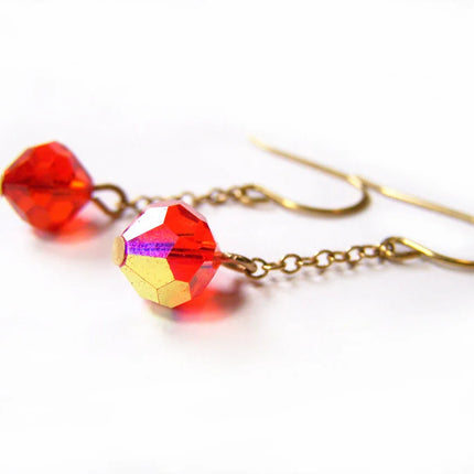 Dainty Red Swarovski Crystal Chain Dangle Gold Brass Earrings / Gift for Her