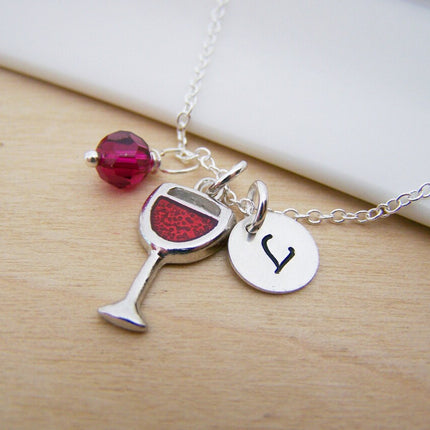Personalized Wine Glass Necklace – Sterling Silver Chain with Birthstone & Initial