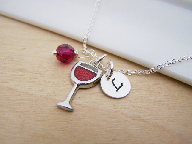 Personalized Wine Glass Necklace – Sterling Silver Chain with Birthstone & Initial