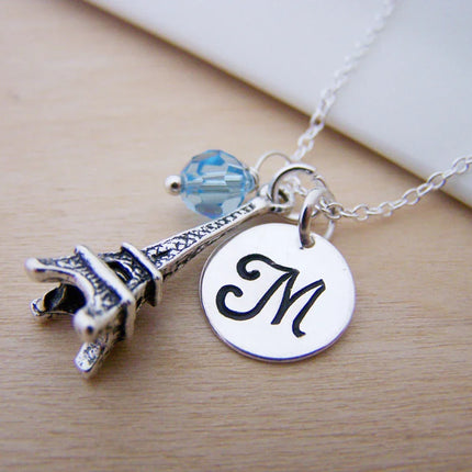 Eiffel Tower Necklace – Sterling Silver with Birthstone & Initial Charm