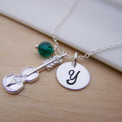 Personalized Violin Necklace – Sterling Silver with Birthstone & Initial Charm