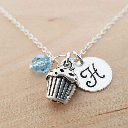 Cupcake Necklace – Sterling Silver with Birthstone & Initial Charm