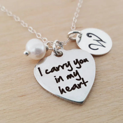 I Carry You in My Heart Necklace – Sterling Silver with Birthstone & Initial Charm