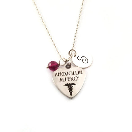 Amoxicillin Allergy Medical Necklace – Hand Stamped Initial, Birthstone or Pearl, Sterling Chain