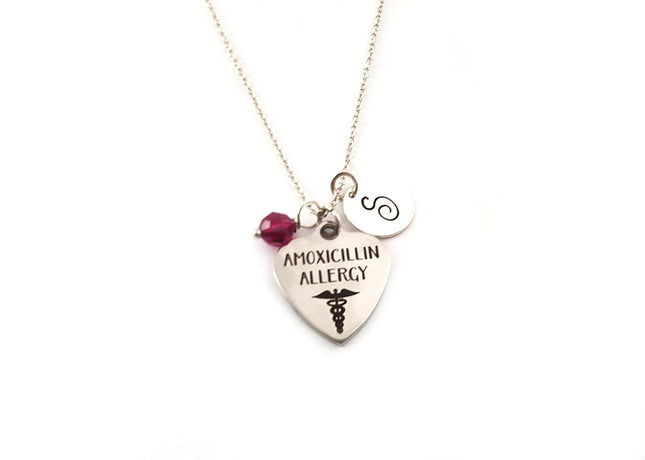 Amoxicillin Allergy Medical Necklace – Hand Stamped Initial, Birthstone or Pearl, Sterling Chain