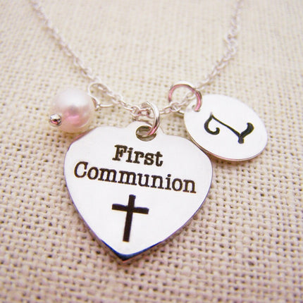 First Communion Necklace – Sterling Silver with Pearl, Initial & Stainless Steel Heart Charm