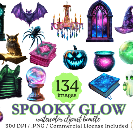 Spooky Glow Watercolor Clipart Bundle – 134 PNGs, 300 DPI, Commercial License
