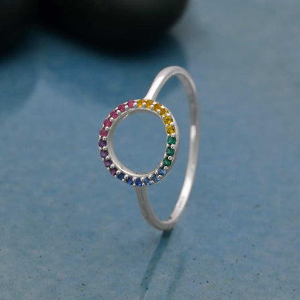 Rainbow Circle Ring – Sterling Silver with Nano Gems (Size 9)